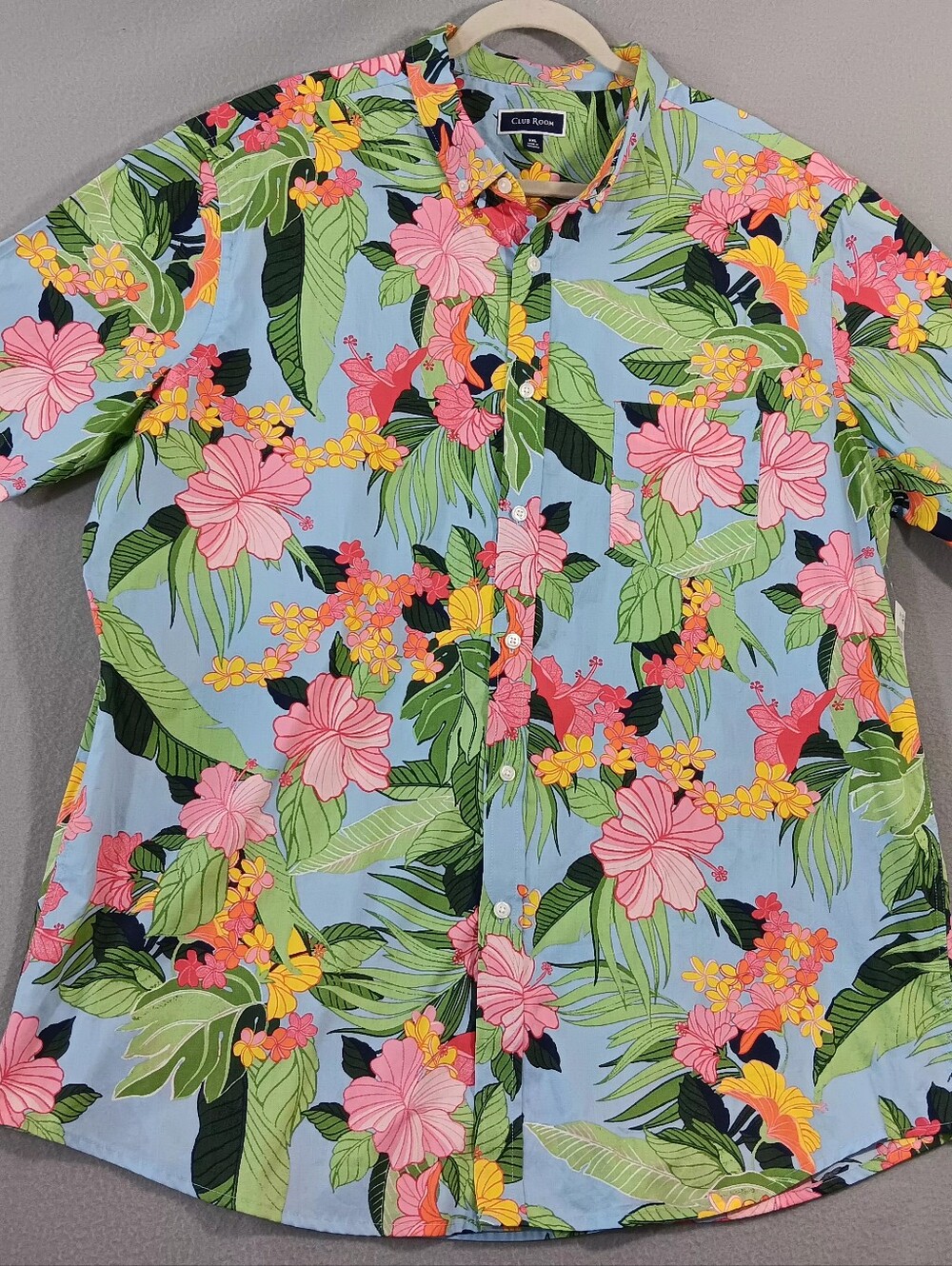 Club Room Hawaiian Tropical Floral Button Down Shirt Mend XL Blue Hibiscus Beach